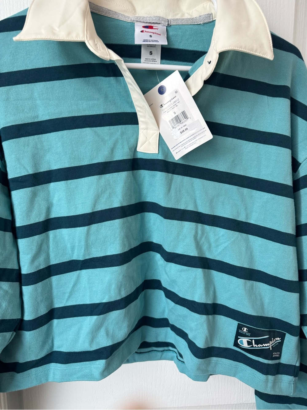 Champion Teal and Navy Striped Rugby Shirt with Cream Collar - Picture 3 of 3